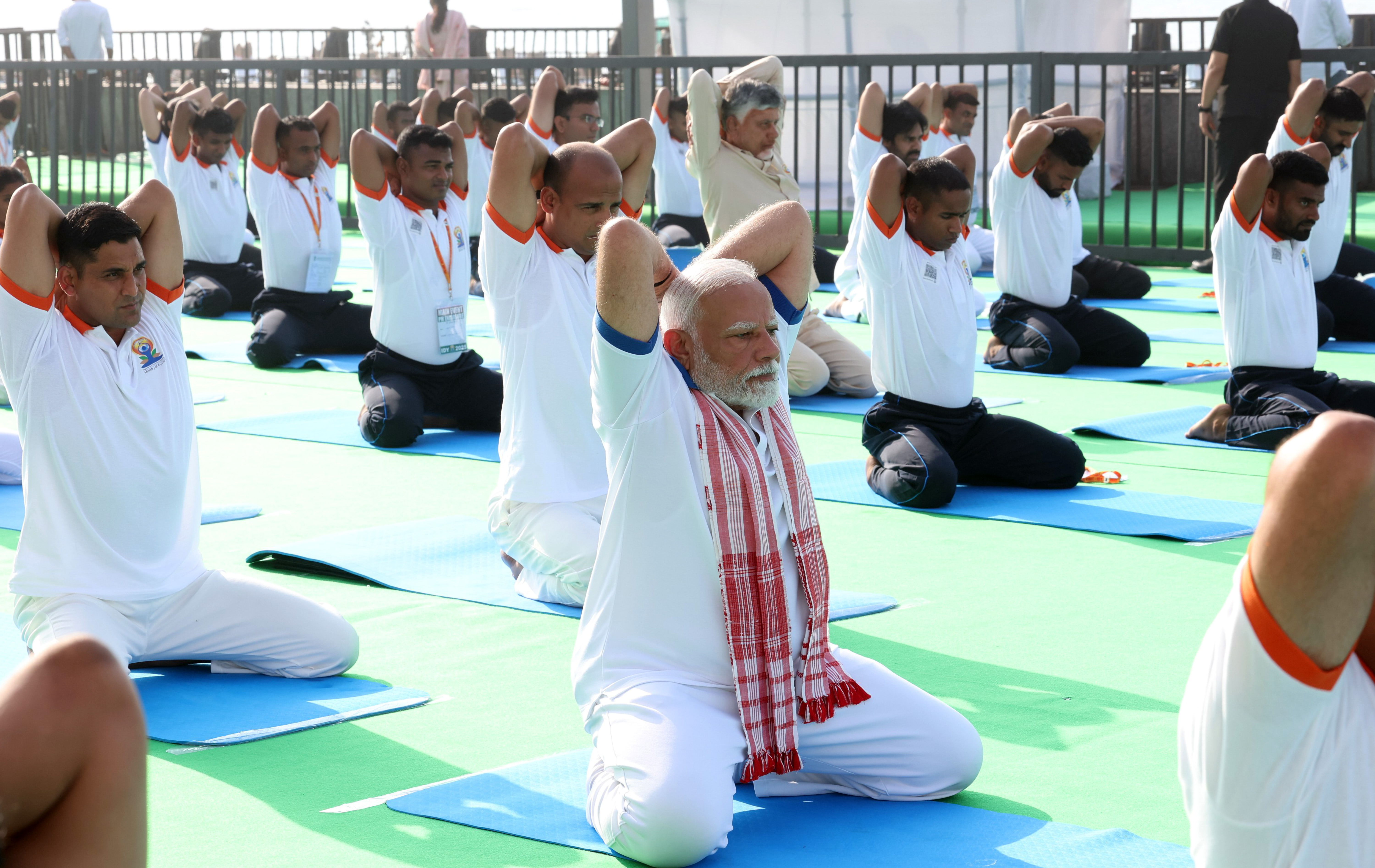 Visakhapatnam: Prime Minister Narendra Modi performs yoga during the 11th International Day of Yoga celebrations in Visakhapatnam, Andhra Pradesh, Saturday, June 21,